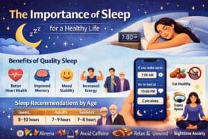 Infographic showing the importance of sleep for a healthy life with benefits including better heart health, improved memory, mood stability, and increased energy. Includes age-based sleep recommendations, tips for healthy sleep habits, and a visual reference to a Sleep Calculator tool